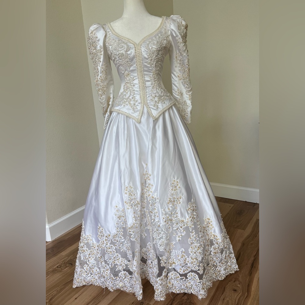 Vintage 1980s Pearl Beaded Wedding Gown | Basque Waist | Cathedral Train - Picture 1 of 16